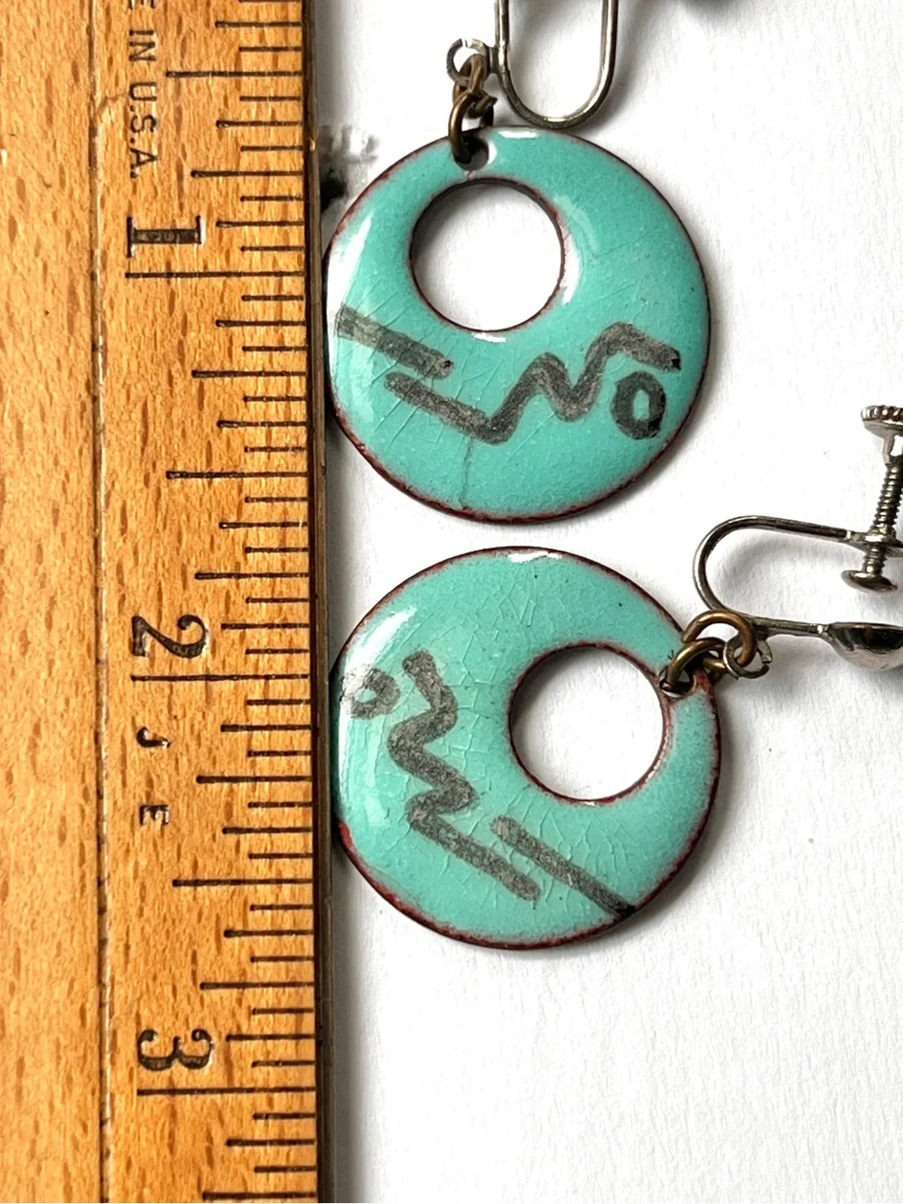Vintage Earrings Turquoise Enamel Copper Squiggly Gray/Aqua Round Dangle Hoop